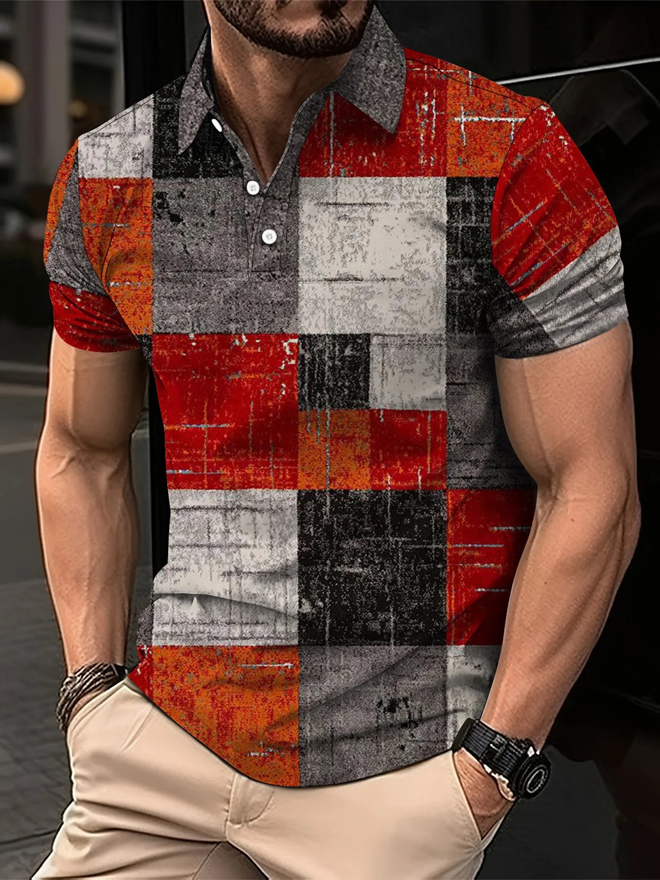Fashion Elegant Harajuku Slim Fit Ropa Hombre Loose Casual All Match Lattice Men's POLO Shirt Printed Button Short Sleeve Tops