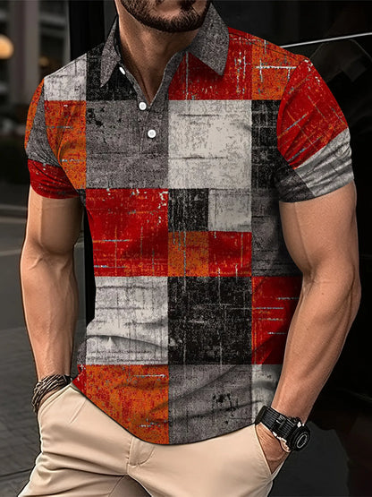 Fashion Elegant Harajuku Slim Fit Ropa Hombre Loose Casual All Match Lattice Men's POLO Shirt Printed Button Short Sleeve Tops