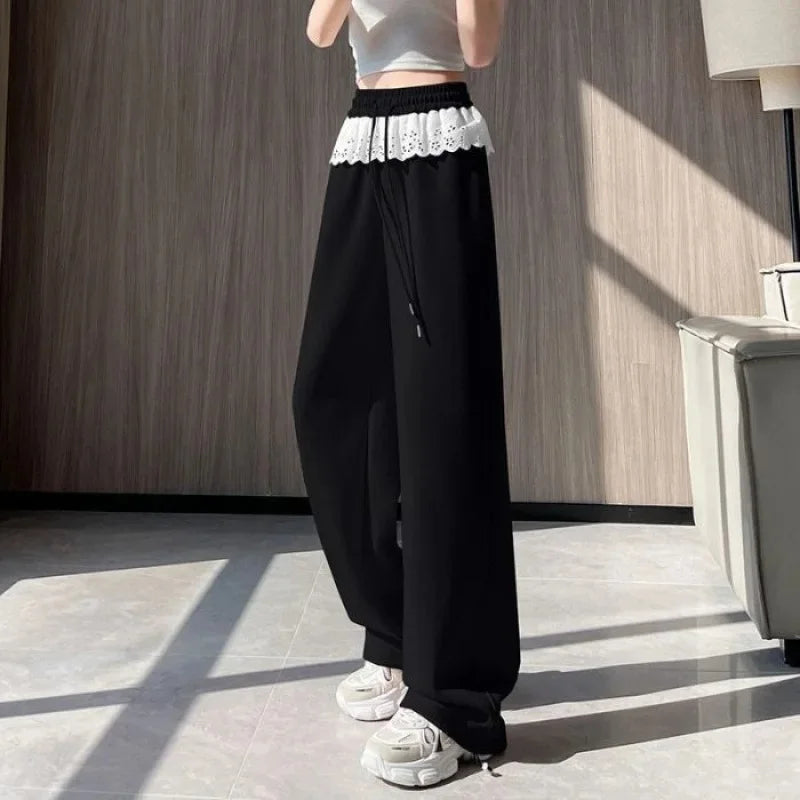 Pink Lace Splicing Design Wide Leg Pants Women's Loose Casual Sweatpants Spring New Style Slimming Effect Comfortable Fit