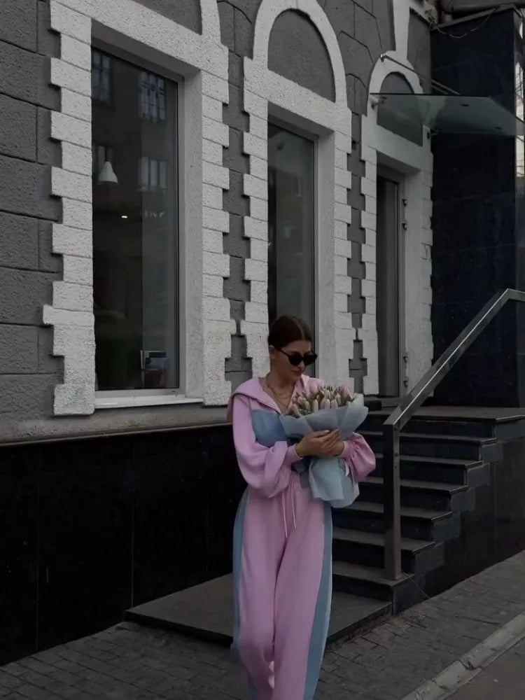 Fashion Patchwork Denim 2 Piece Sets Women Outfit Slim Hoodies Crop Top Wide Leg Sweatpants Suit Streetwear Casual Tracksuits