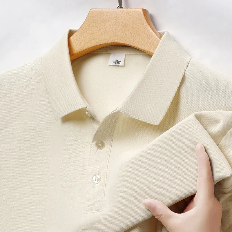 Autumn new men's long sleeved cotton polo shirt, middle-aged business, comfortable, solid color, loose men's lapel T-shirt