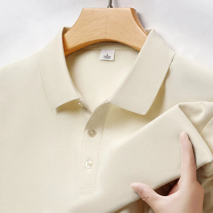 Autumn new men's long sleeved cotton polo shirt, middle-aged business, comfortable, solid color, loose men's lapel T-shirt