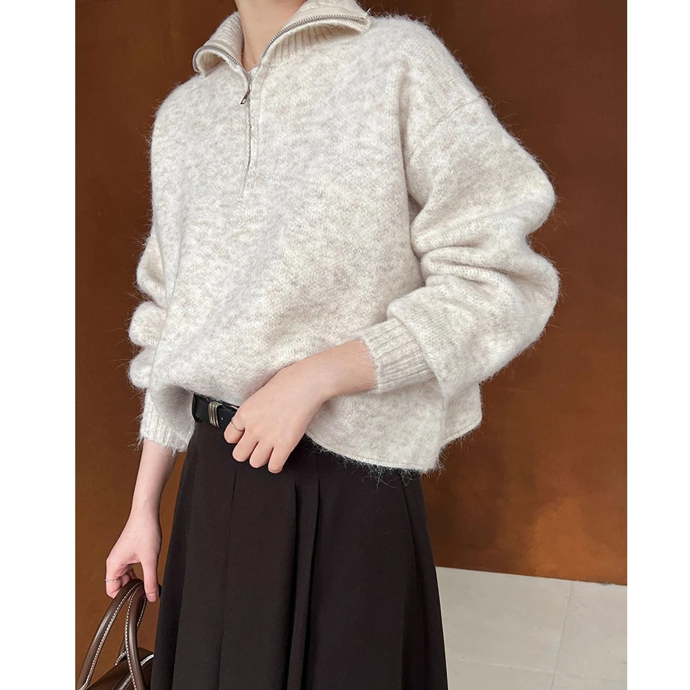 2026 Women Turn Down Collar Sweater Long Sleeve Zipper Design Warm Cardigans Clothes Tops For Women Winter Sweater Pull Femme