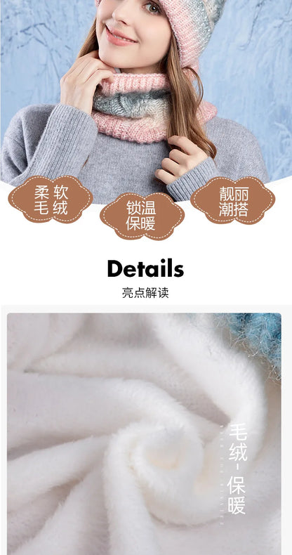 Winter Lady Warm Hat Scarf Two-piece Set Fleece Thickened Gradual Change Color Knitted Skiing Hat Fashion Pullover Hat for Women