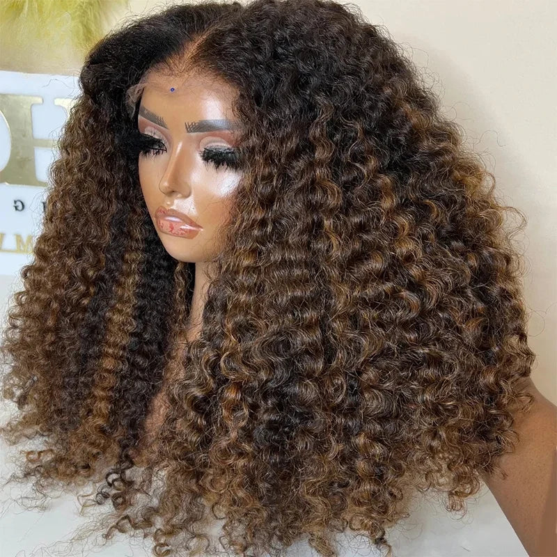 26 Inch Highlight Brown 180Density Glueless Synthetic Kinky Curly Long 13*4*1 Lace Front Wig For Women Babyhair PrePlucked Daily