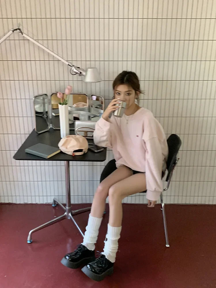 Light Pink Lettered Oversized Shoulder Sweatshirt Women's Full Sleeve round Neck Spring Autumn New Style Comfortable Casual Top