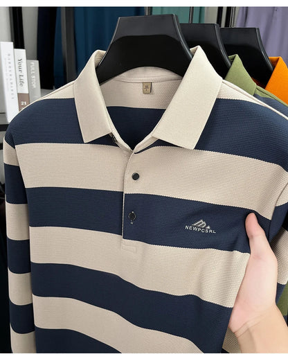 High end brand men's long sleeve polo shirt autumn fashion striped original letter design boutique golf casual business T-shirt