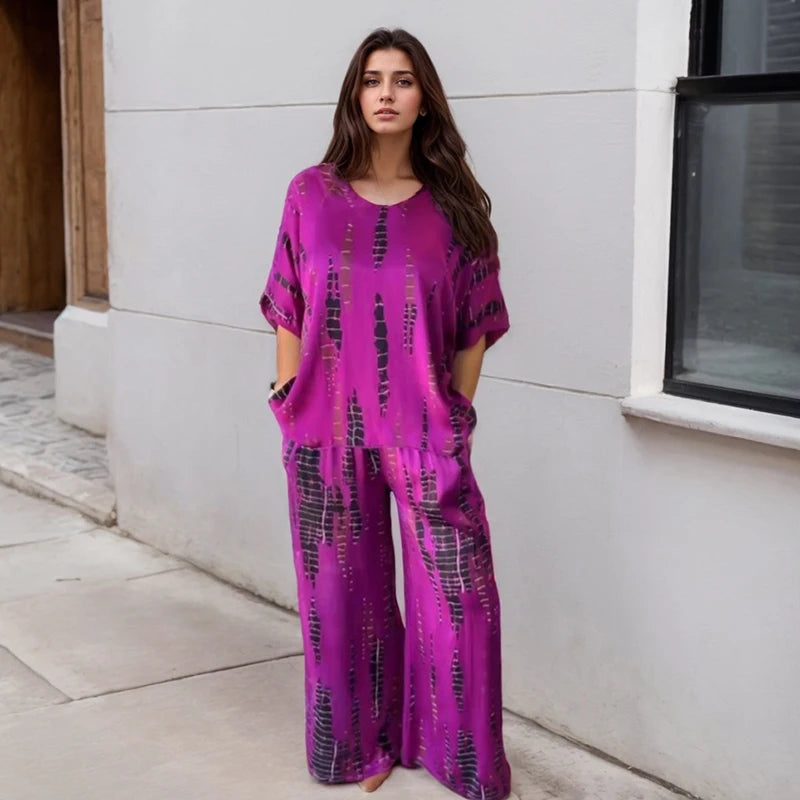 Vintage Women's Two Piece Set Outfits Fashion New Solid Print Loose Casual Round Neck Short Sleeve Top Wide Leg Long Pants Suit