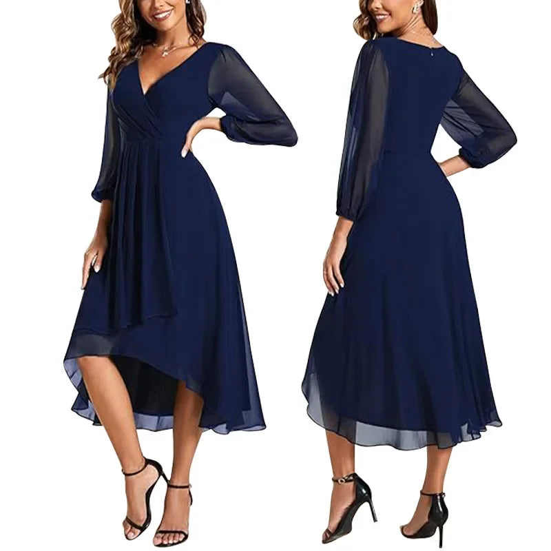 Elegant Sexy V-Neck A- Line Dress Elegant Long Skirt Princess Style Polyester Fiber Regular Sleeve Length Empire Waist