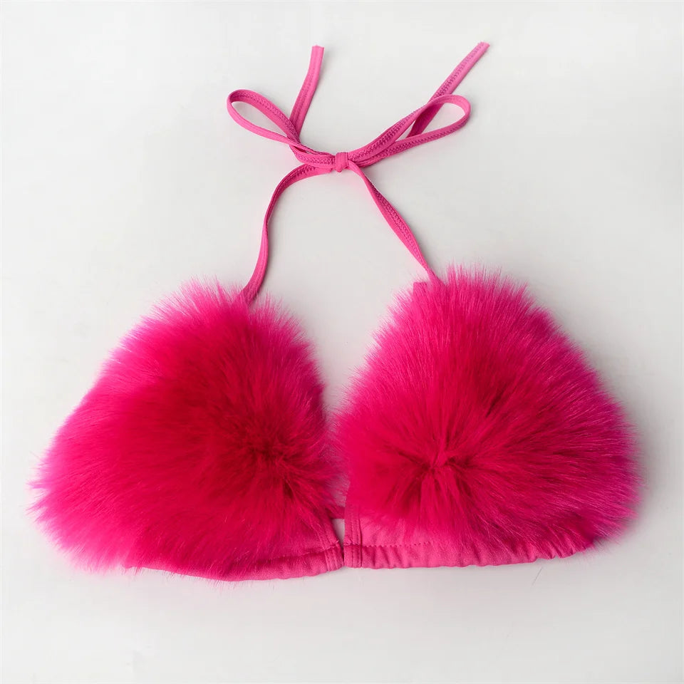 Summer Women Fake Fox Fur Sexy Halter Solid Color Bikini Set Swimsuits Triangle Sexy Bikini Set Faux Fur Swimsuit Plush Swimwear