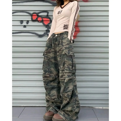 Vintage Women's Jeans Loose-Fit Slimming Casual Wide-Leg Trousers American Style Streetwear Denim Cargo Pants