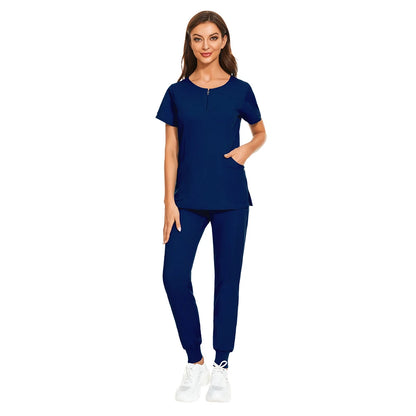 Wholesale 7 Colors Zipper V-neck Short Sleeve Pocket Nursing Working Top Pants Uniform Solid Breathable Soft Women Wear Suit