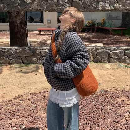 MEXZT Short Plaid Parkas Women Streetwear Stand Collar Puffer Jacket Winter Korean Down Coats Fashion Cotton Padded Outerwears