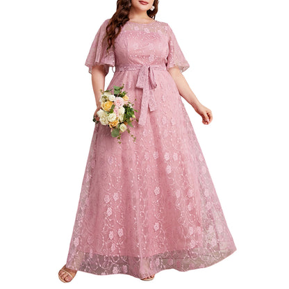 Women's Plus Size Dress Round Neck Short Sleeves Oversized  A-Line Tulle Pink High Waist Floral Lace Formal Evening Dresses