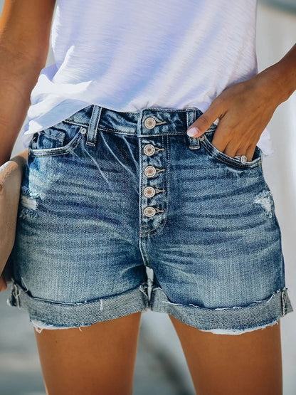 Women's Single Breasted Mid Waist Elastic Ripped Denim Shorts, Casual Washed Denim Shorts, Flared, Slanted Pockets, Summer Cloth