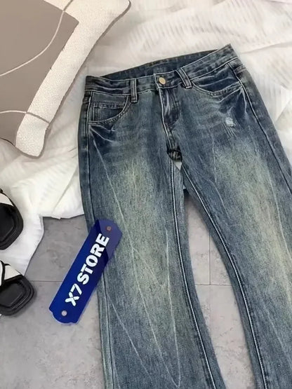 American Retro Low-waisted Jeans Female Autumn New Embroidery Old Casual Fashion Temperament Slim Joker Bell Bottoms.