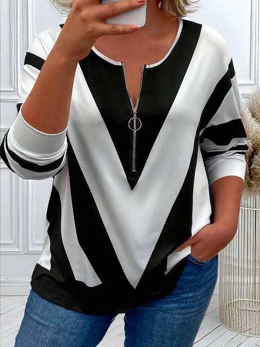 Plus Size Women's V-Neck Geometric Striped Long Sleeve Top with Zipper Detail for Chic and Modern Style