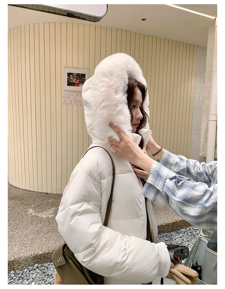 Casual Warm Fur Hooded Cropped Parkas Chic Streetwear Korean Style Down Cotton Coat Thicken Short Women's Winter 2025 Jacket