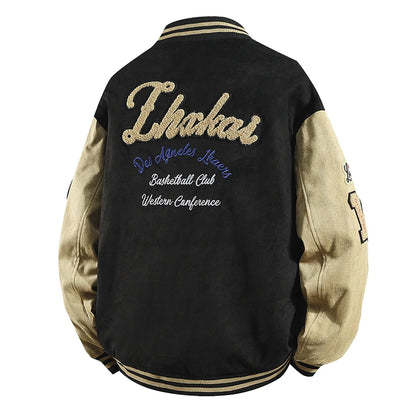 Hip Hop Men's Suede Embroidered Varsity Jacket Color Block Letter Graphic Long Sleeve Baseball Jacket Bomber Coat