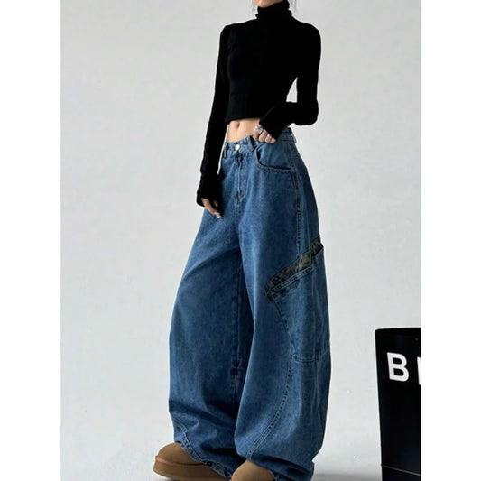 Retro Leopard Handle Joint Quge Denim New Design Sense Straight Wide Pants