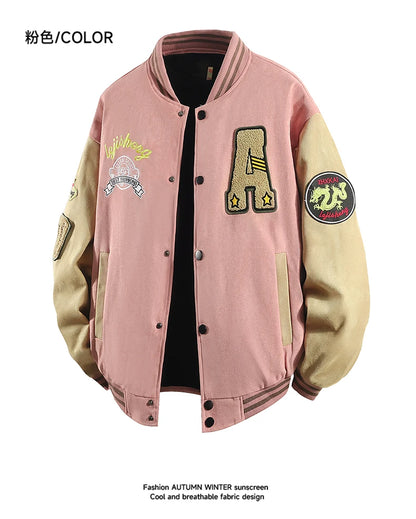 Hip Hop Men's Suede Embroidered Varsity Jacket Color Block Letter Graphic Long Sleeve Baseball Jacket Bomber Coat