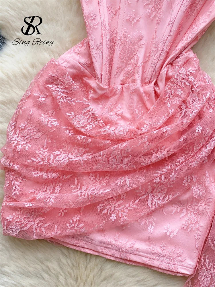 SINGREINY French Strapless Sexy Short Dress 2025 Heart Hollow Out Beading Sundress Backless Corset Lace Beach Mini Dress