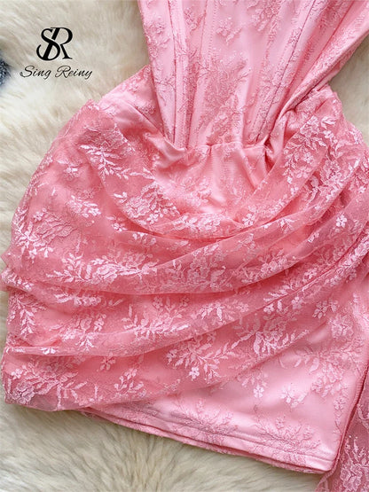 SINGREINY French Strapless Sexy Short Dress 2025 Heart Hollow Out Beading Sundress Backless Corset Lace Beach Mini Dress