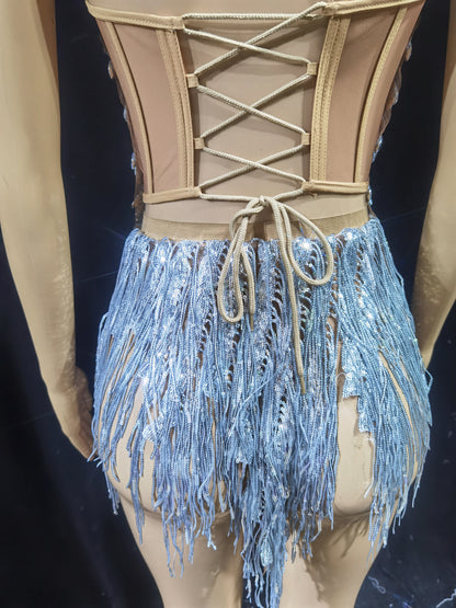 Luxurious Blue Diamond Sparkling Tassel Jazz Dance Performance Clothing Basketball Baby Performance Clothing Cheerleading Short