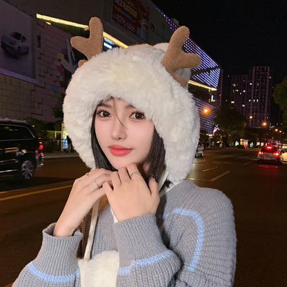 Knitted Hat Beanie Winter Warm Fleece Lined Reindeer Antlers Korean Style Cute Christmas Party Women Girls Thickened Thermal