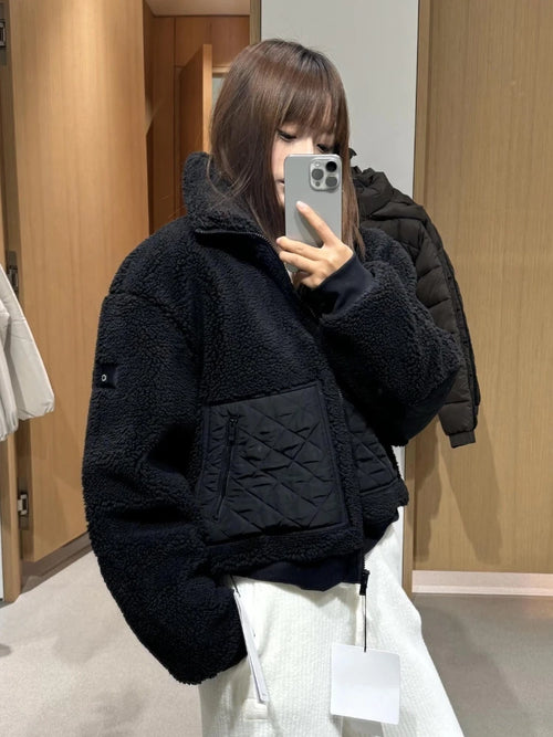 Lamb's Wool Winter Jacket Women Fashion Thickened Stand Collar Short Jacket High Street Black White Zipper Jackets for Women
