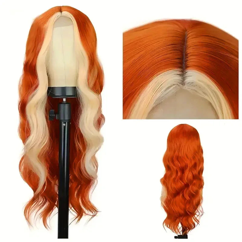 26" Long Blonde to Orange Gradient Highlight Wig Skunk Stripe Synthetic Lace Front Voluminous Body Wave Hair for Women