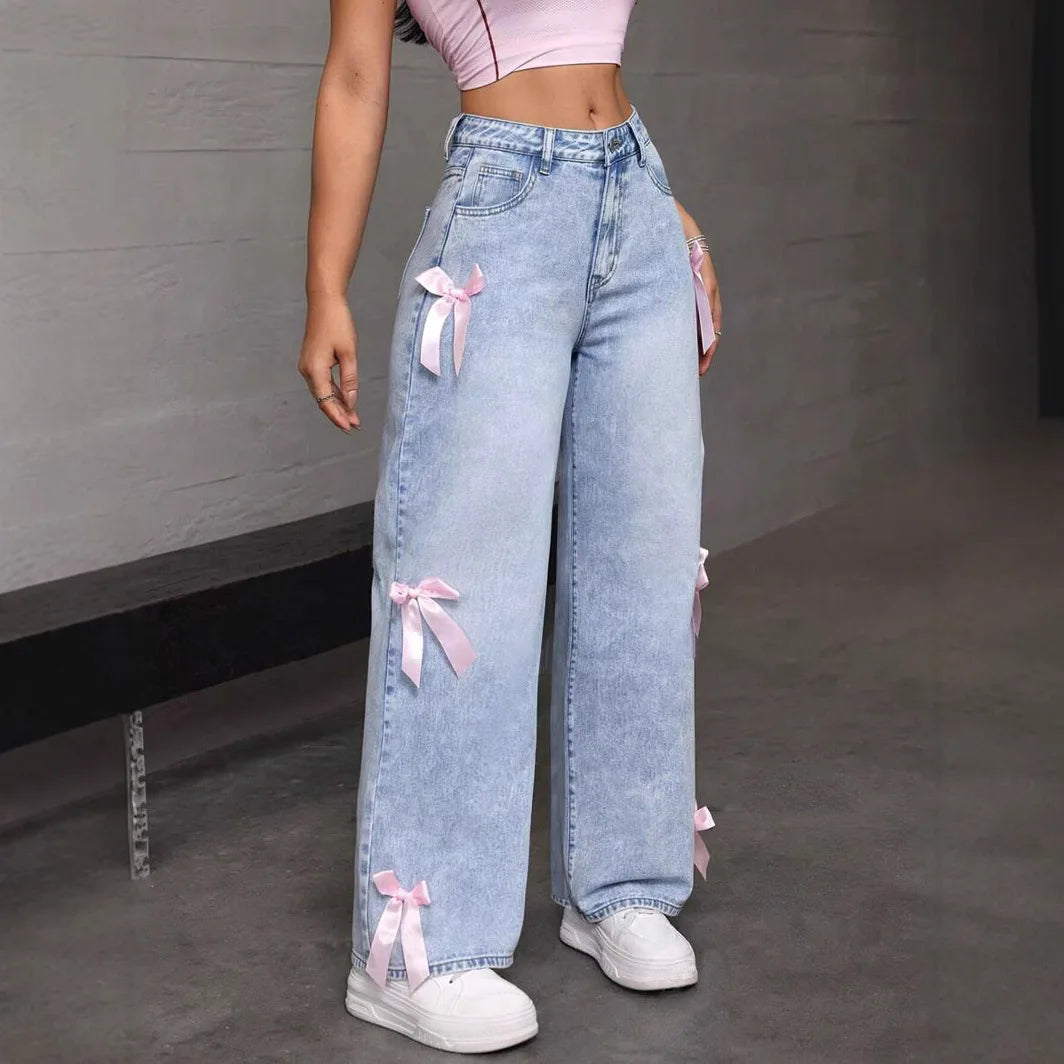 Women Jeans Wide Leg Pants Bow Washed High Waist 2025 Streetwear Denims Distressed Vintage Straight Ankle Length Trousers