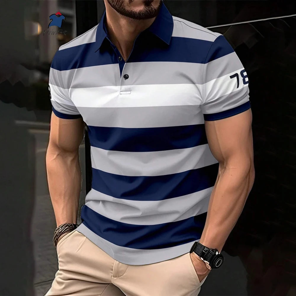 New Summer Striped Patchwork Striped Men's Polo T-shirt Fashion Lapel Button Sports Trend Street Wear Short Sleeve Top Men Shirt