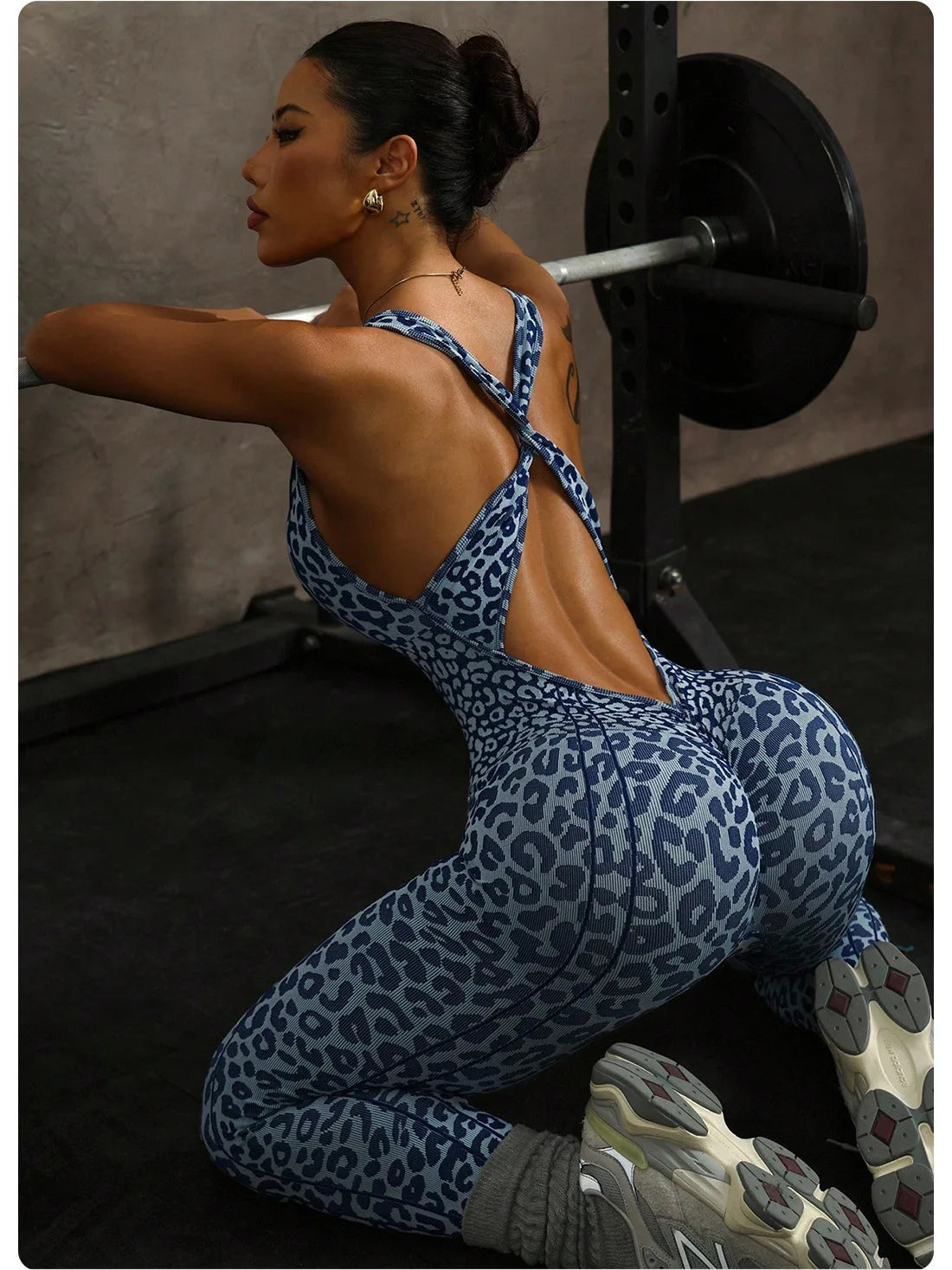 New Leopard Print Bodysuit Women Seamless Flared Pants Jumpsuits Sexy One-piece Fitness Suit Cross Back Stretchy Yoga Jumpsuits