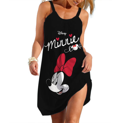 2025 Disney Minnie Dresses for Women Soft Women's Beach Dresses Summer Fashion Sling Print Sexy Skinny Seaside Casual Oversize