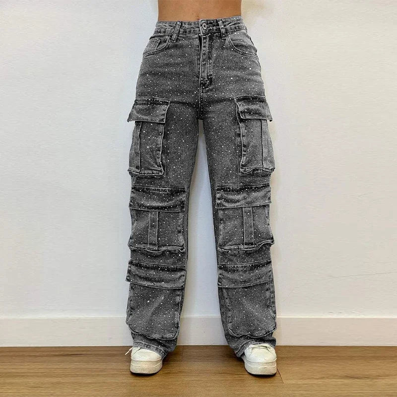 CPSYMYM Bright Drill Women's Work Jeans Chic Multiple Pockets High Waist Button Female Jean  Spring Summer Y2K Lady Streetwear