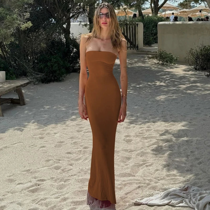 Hugcitar Elegant Women Solid Strapless Backless Bandage Sexy Bodycon Maxi Dress Summer Women Y2K Clothes Beach Vacation Party