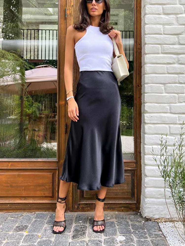Women's Satin Skirt High Waist Elegant Midi A-line Skirt Lady's Summer Solid Champagne Vintage Silk Long Skirts for Women 2026