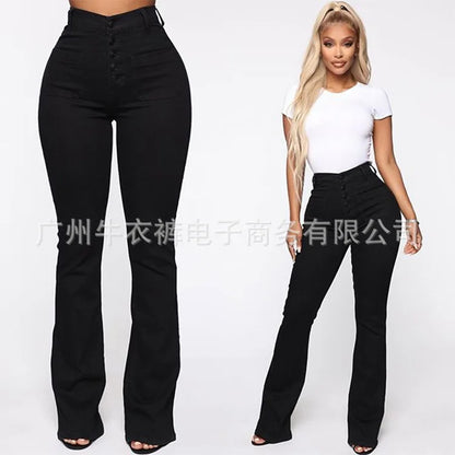 Europe and The United States Slim High Waist Breasted Jeans, Women's Spring and Autumn Fashion Wash Slightly Flared Pants Jeans