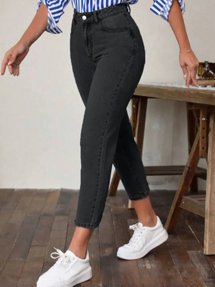 Pocket Micro Elastic Pants High Waist Solid Color Women's Straight Leg Pants Fashion High Street Daily Versatile Spring Jeans
