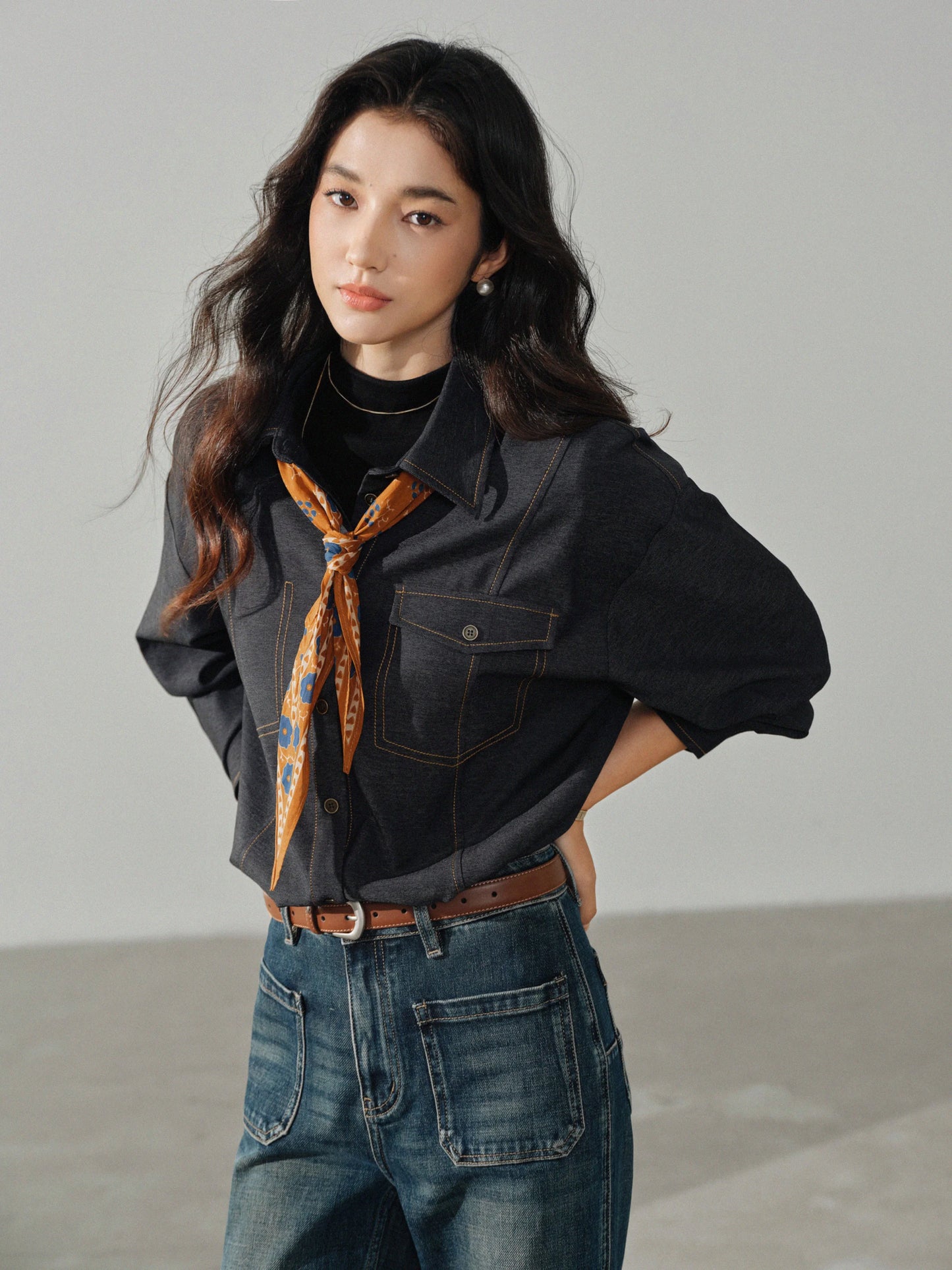 Casual Contrast Stitch Shirt Jacket Loose Long Sleeve Blouse for Women Stylish Collared Overshirt for Autumn Layered Slim Look