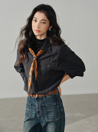 Casual Contrast Stitch Shirt Jacket Loose Long Sleeve Blouse for Women Stylish Collared Overshirt for Autumn Layered Slim Look