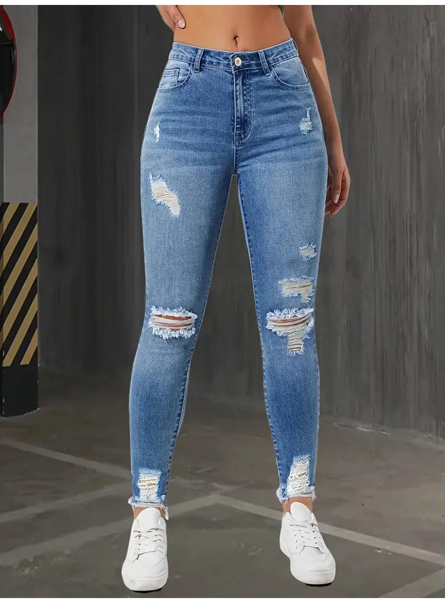 Fashion Skinny Hole Jeans Women 2026 Autumn Stretchy High Waisted Ripped Slim Retro Solid Color Denim Trousers Pants