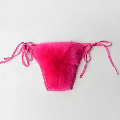 Summer Women Fake Fox Fur Sexy Halter Solid Color Bikini Set Swimsuits Triangle Sexy Bikini Set Faux Fur Swimsuit Plush Swimwear