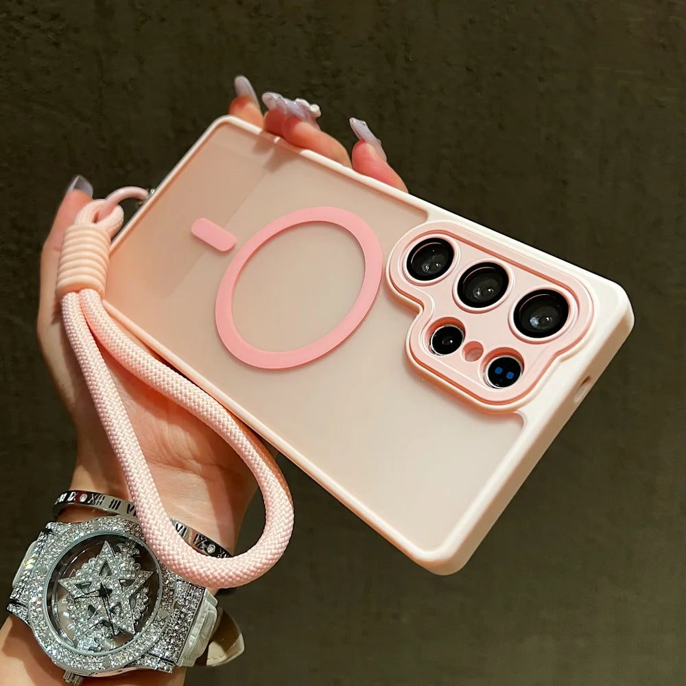 Wrist Strap Cord Magnetic Matte Translucent Armor Case For Samsung S25 Ultra S24 FE S23 Plus For Magsafe Wireless Charge Cover