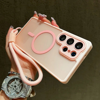 Wrist Strap Cord Magnetic Matte Translucent Armor Case For Samsung S25 Ultra S24 FE S23 Plus For Magsafe Wireless Charge Cover