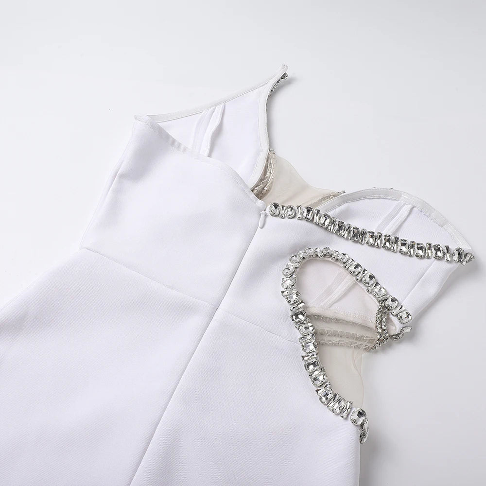 Women Mermaid Sexy White Sleeveless Bandage Long Dress Mesh Backless Strapless Diamonds Bodycon Party Evening Wedding Gowns