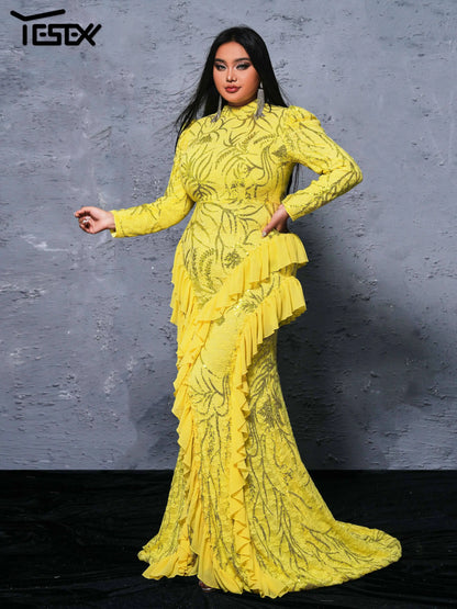 Yesexy Plus Size Elegant Beautiful Women Round Neck Long Sleeved Split Evening Gown Wedding Birthday Party Formal Occasion Dress