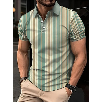 3D Print Stripes Color Block Polo Shirt For Men Colorful Pattern T-Shirts Summer Loose Street Lapel Top Button Short Sleeve Tees