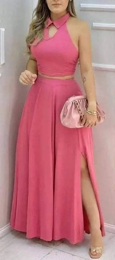 Women's Pink Two Piece Set Halter Collar Crop Top Split Maxi Skirt Ideal for Evening Parties Summer Weddings Chic Outings